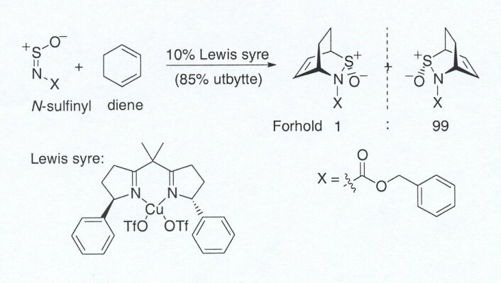 "Odd R. Gautun har blant annet brukt såkalte Lewis-syrer som katalysatorer. Eksemplet viser at Lewis-syren katalyserte reaksjonen mellom en sulfinylforbindelse og et dien på en slik måte at resultatet ble en blanding som inneholdt 99 prosent av det ene speilbilde-molekylet."